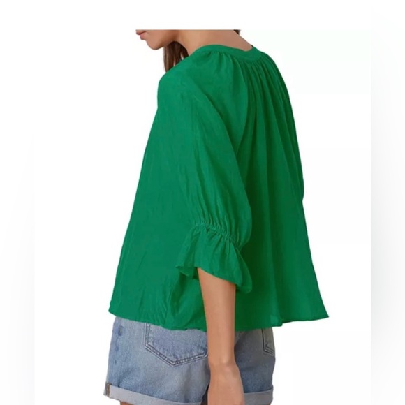Velvet by Graham & Spencer Green Ruffled 3/4 Sleeve Blouse Top M Bohemian Boho - Picture 2 of 12